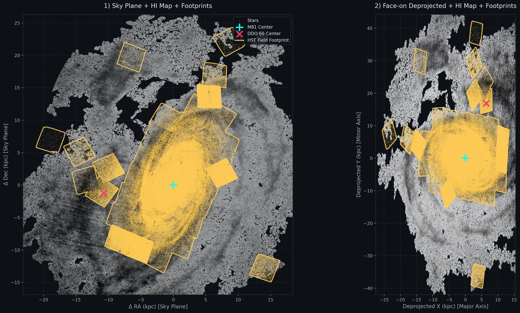 M81 sky-plane and face-on deprojected maps with HST field footprints